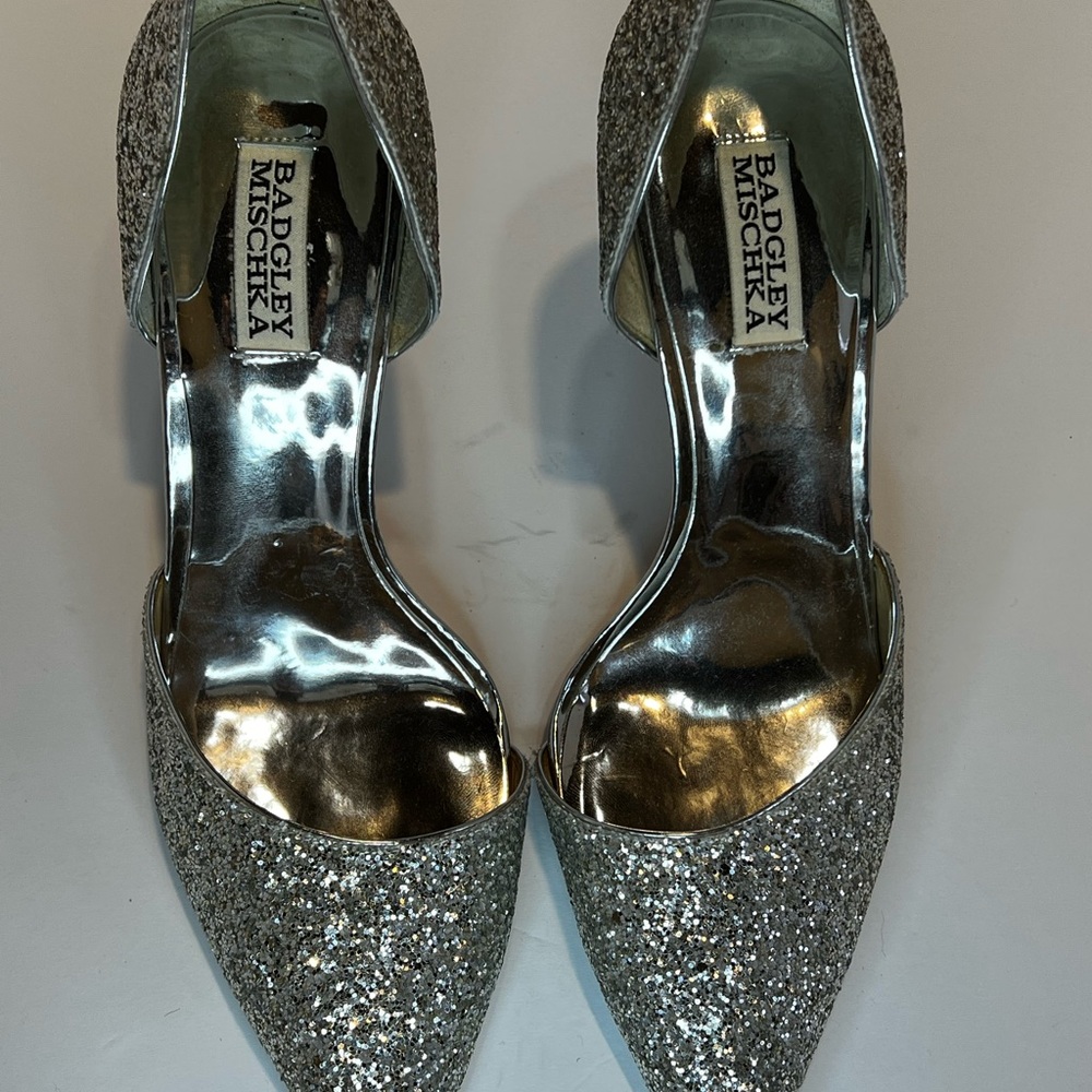 pointed toe heel silver glitter size 10 
Badgley Mischka Women's Ozara Ii Pump